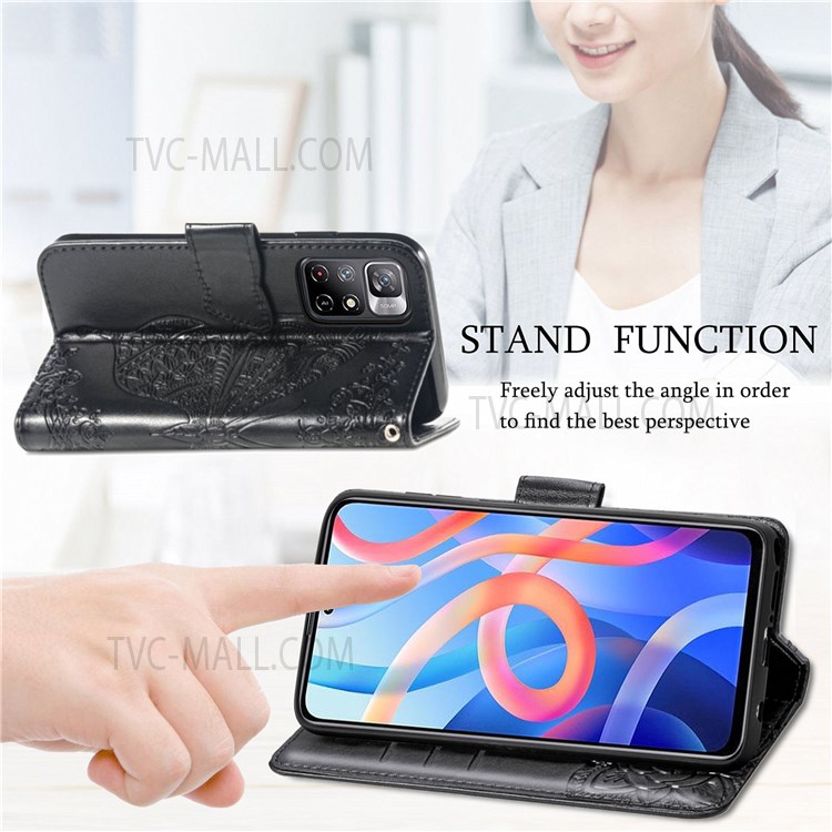 Scratch-resistant Fashionable Imprinted Butterfly Flower PU Leather + TPU Shockproof Phone Case Flip Stand Cover with Strap for Xiaomi Redmi Note 11T 5G / Redmi Note 11 / Poco M4 Pro 5G - Black-6