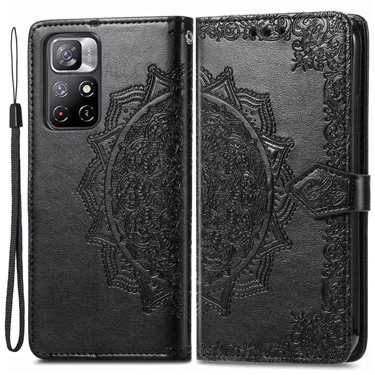 Stand Mandala Embossed PU Leather Wallet Flip Cover Stand Magnetic Shockproof Case with Strap for Xiaomi Redmi Note 11 / Redmi Note 11T 5G / Poco M4 Pro 5G - Black-1