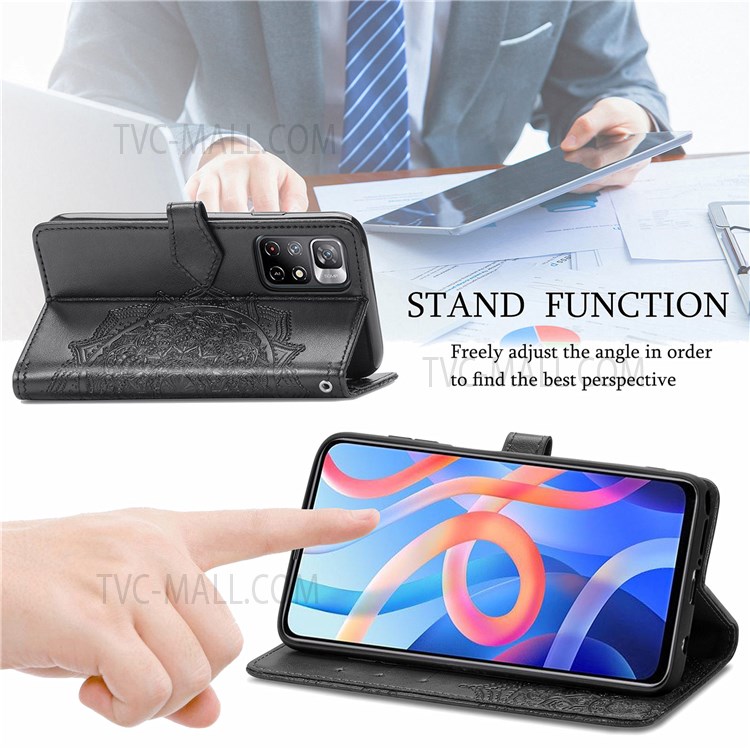 Stand Mandala Embossed PU Leather Wallet Flip Cover Stand Magnetic Shockproof Case with Strap for Xiaomi Redmi Note 11 / Redmi Note 11T 5G / Poco M4 Pro 5G - Black-2