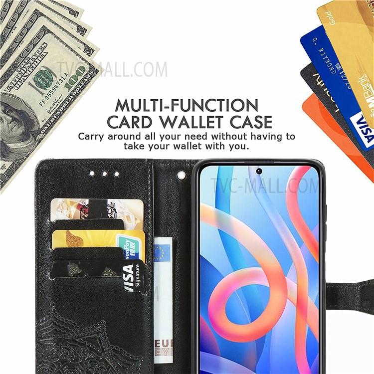 Stand Mandala Embossed PU Leather Wallet Flip Cover Stand Magnetic Shockproof Case with Strap for Xiaomi Redmi Note 11 / Redmi Note 11T 5G / Poco M4 Pro 5G - Black-4