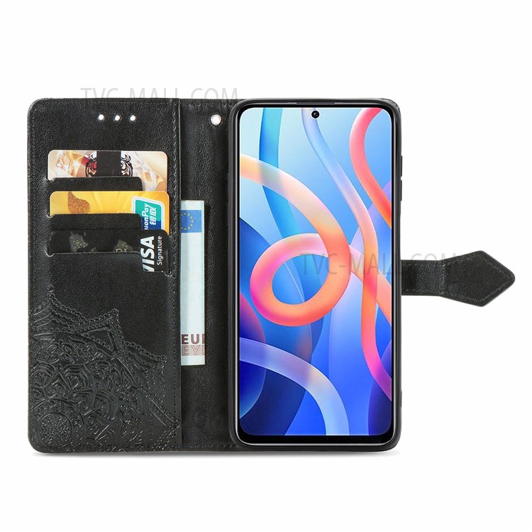 Stand Mandala Embossed PU Leather Wallet Flip Cover Stand Magnetic Shockproof Case with Strap for Xiaomi Redmi Note 11 / Redmi Note 11T 5G / Poco M4 Pro 5G - Black-7