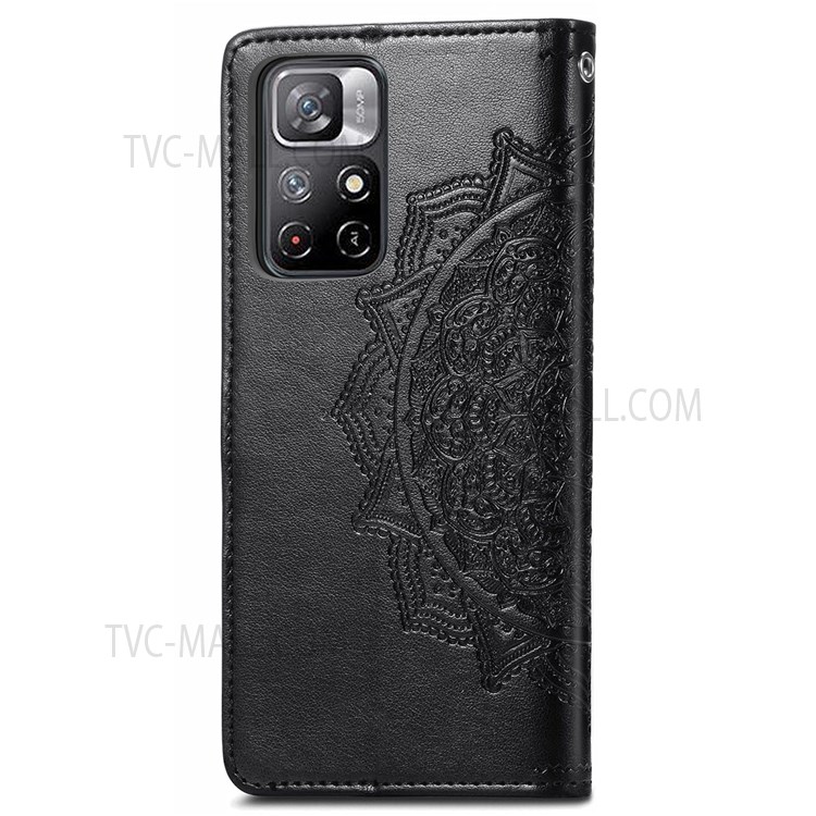 Stand Mandala Embossed PU Leather Wallet Flip Cover Stand Magnetic Shockproof Case with Strap for Xiaomi Redmi Note 11 / Redmi Note 11T 5G / Poco M4 Pro 5G - Black-9