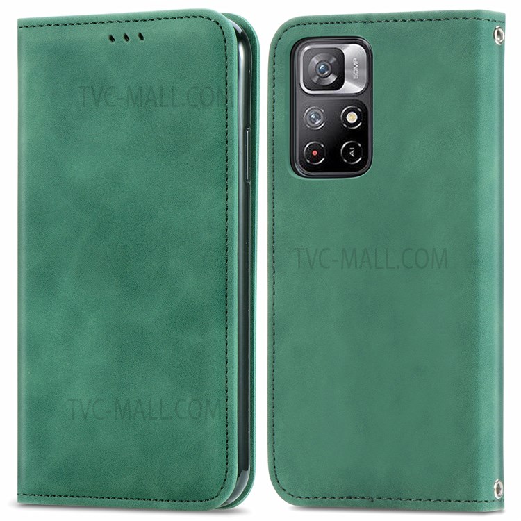 Skin-Touch Surface PU Leather Flip Case Stand Card Slots Folio Auto Magnetic Closed Cover for Xiaomi Redmi Note 11T 5G / Redmi Note 11 / Poco M4 Pro 5G - Green-1