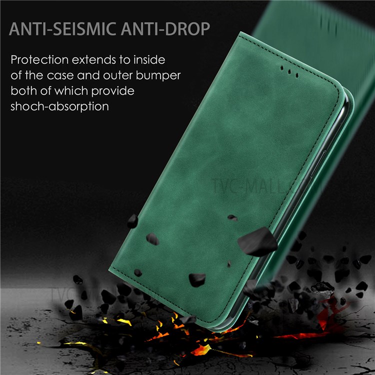 Skin-Touch Surface PU Leather Flip Case Stand Card Slots Folio Auto Magnetic Closed Cover for Xiaomi Redmi Note 11T 5G / Redmi Note 11 / Poco M4 Pro 5G - Green-6