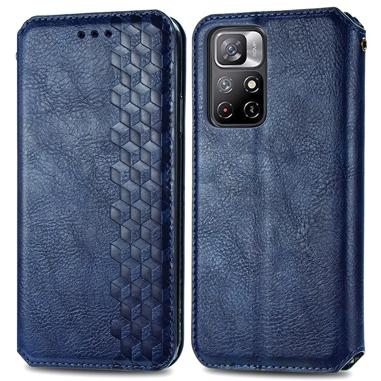 Imprinting Rhombus PU Leather Wallet Stand Auto Magnetic Closed Case for Xiaomi Redmi Note 11 / Note 11T 5G / Poco M4 Pro 5G - Blue-1