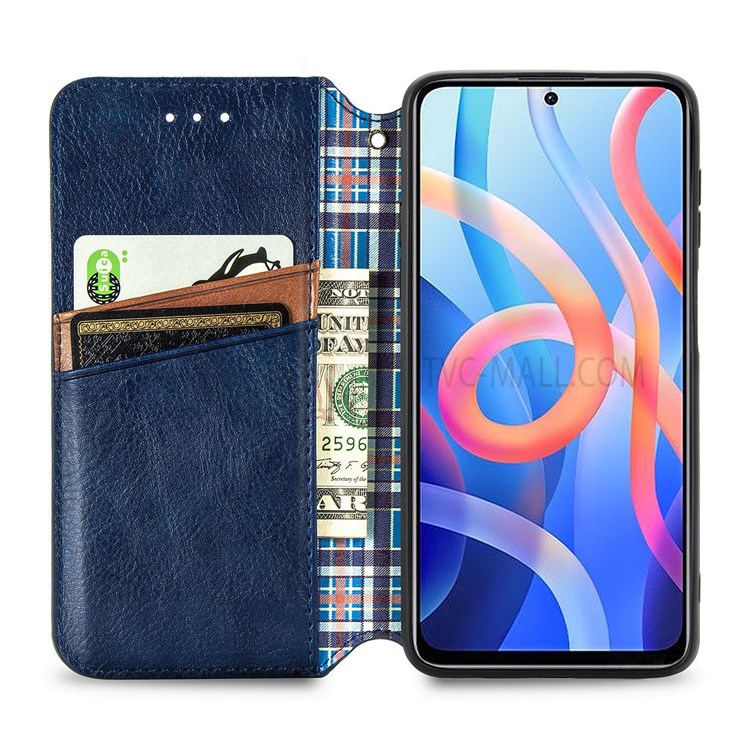 Imprinting Rhombus PU Leather Wallet Stand Auto Magnetic Closed Case for Xiaomi Redmi Note 11 / Note 11T 5G / Poco M4 Pro 5G - Blue-4