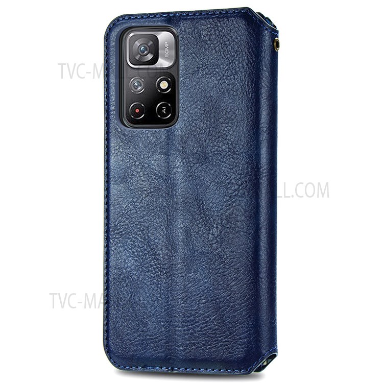 Imprinting Rhombus PU Leather Wallet Stand Auto Magnetic Closed Case for Xiaomi Redmi Note 11 / Note 11T 5G / Poco M4 Pro 5G - Blue-8
