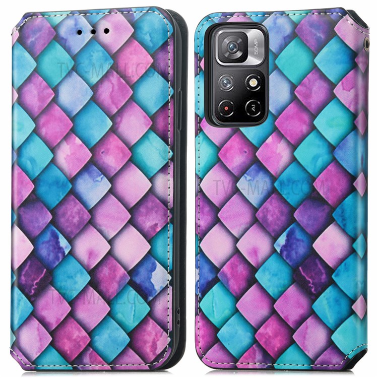 CASENEO 001 Series Pattern Printing Auto Magnetic Closed PU Leather Wallet Stand Case with RFID Blocking for Xiaomi Redmi Note 11 / Note 11T 5G / Poco M4 Pro 5G - Purple Scale-1
