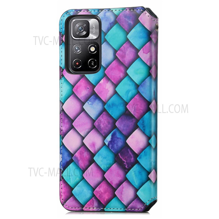 CASENEO 001 Series Pattern Printing Auto Magnetic Closed PU Leather Wallet Stand Case with RFID Blocking for Xiaomi Redmi Note 11 / Note 11T 5G / Poco M4 Pro 5G - Purple Scale-11