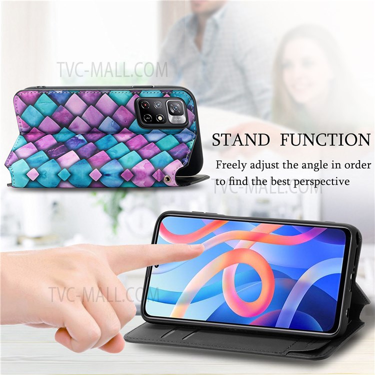 CASENEO 001 Series Pattern Printing Auto Magnetic Closed PU Leather Wallet Stand Case with RFID Blocking for Xiaomi Redmi Note 11 / Note 11T 5G / Poco M4 Pro 5G - Purple Scale-2