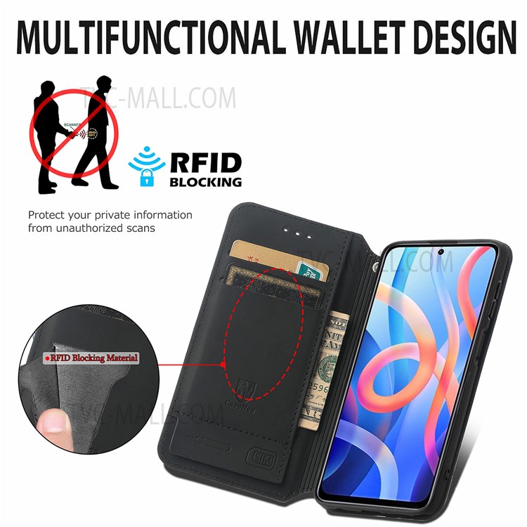 CASENEO 001 Series Pattern Printing Auto Magnetic Closed PU Leather Wallet Stand Case with RFID Blocking for Xiaomi Redmi Note 11 / Note 11T 5G / Poco M4 Pro 5G - Purple Scale-4