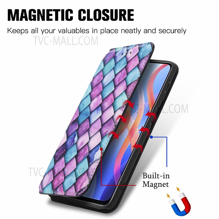 CASENEO 001 Series Pattern Printing Auto Magnetic Closed PU Leather Wallet Stand Case with RFID Blocking for Xiaomi Redmi Note 11 / Note 11T 5G / Poco M4 Pro 5G - Purple Scale-9