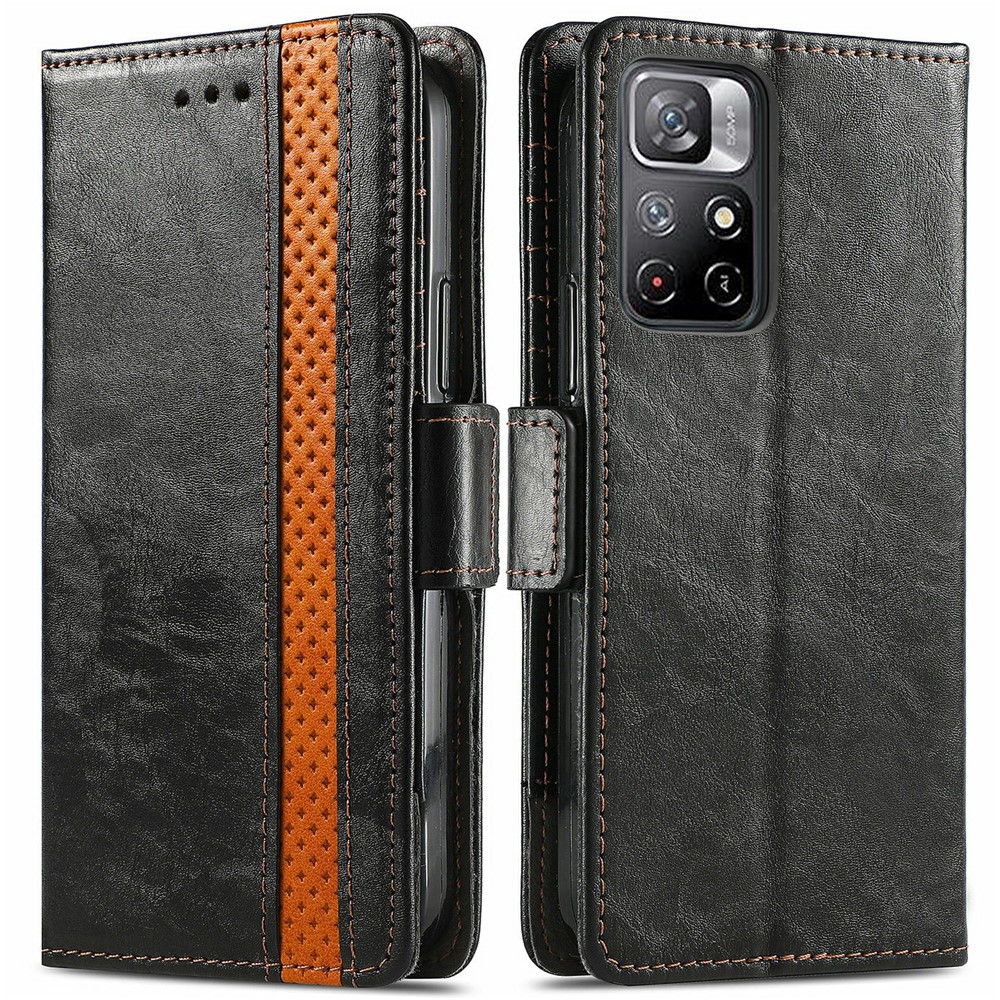 CASENEO 002 Series Splicing PU Leather Phone Cover Magnetic Closure Phone Case Stand Wallet for Xiaomi Redmi Note 11 / Redmi Note 11T 5G / Poco M4 Pro 5G - Black-1