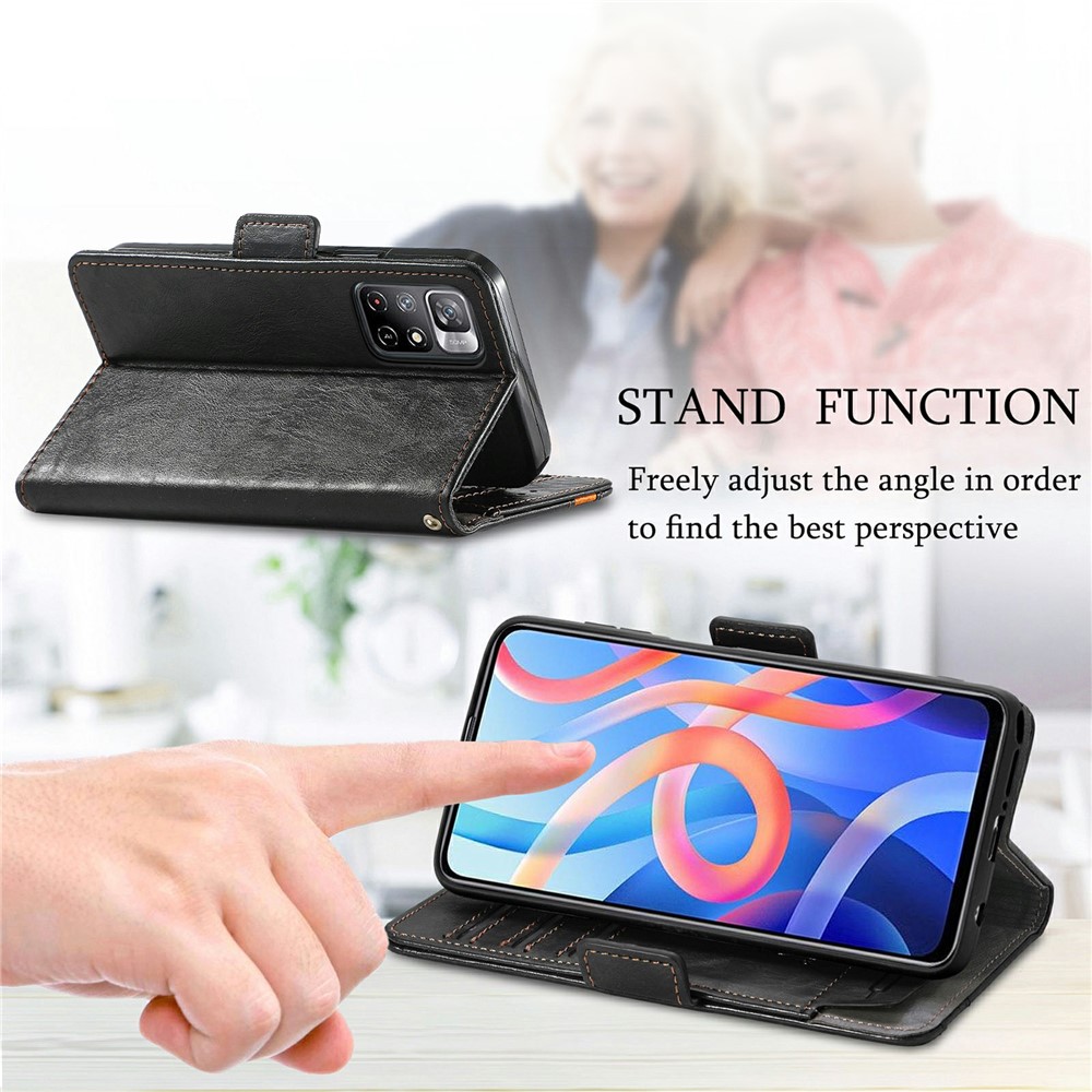 CASENEO 002 Series Splicing PU Leather Phone Cover Magnetic Closure Phone Case Stand Wallet for Xiaomi Redmi Note 11 / Redmi Note 11T 5G / Poco M4 Pro 5G - Black-2