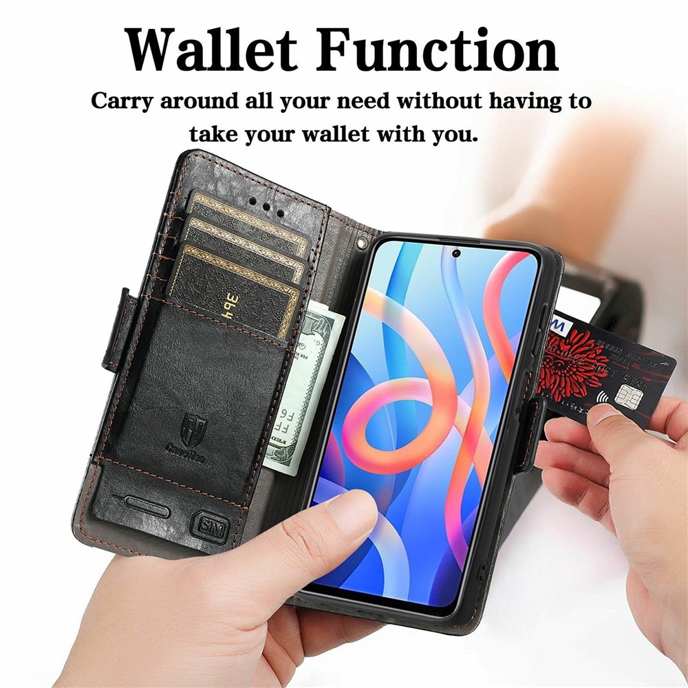 CASENEO 002 Series Splicing PU Leather Phone Cover Magnetic Closure Phone Case Stand Wallet for Xiaomi Redmi Note 11 / Redmi Note 11T 5G / Poco M4 Pro 5G - Black-3