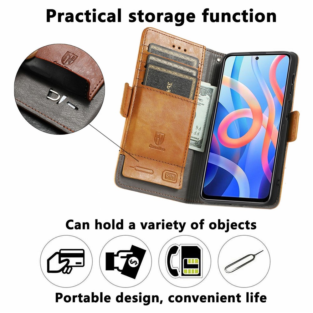 CASENEO 002 Series Splicing PU Leather Phone Cover Magnetic Closure Phone Case Stand Wallet for Xiaomi Redmi Note 11 / Redmi Note 11T 5G / Poco M4 Pro 5G - Black-4