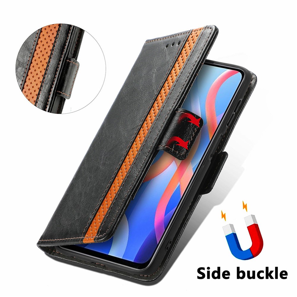 CASENEO 002 Series Splicing PU Leather Phone Cover Magnetic Closure Phone Case Stand Wallet for Xiaomi Redmi Note 11 / Redmi Note 11T 5G / Poco M4 Pro 5G - Black-8