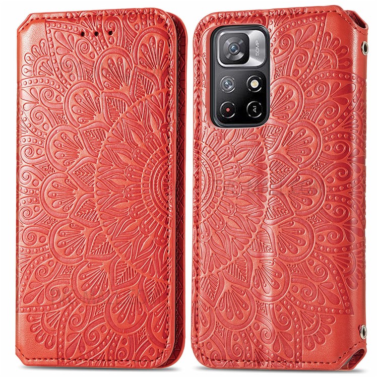 Imprinted Mandala Pattern PU Leather Case Wallet Stand Auto Closing Magnetic Flip Shockproof Cover for Xiaomi Redmi Note 11 / Redmi Note 11T 5G / Poco M4 Pro 5G - Red-1