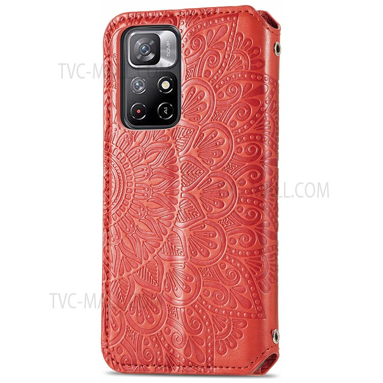 Imprinted Mandala Pattern PU Leather Case Wallet Stand Auto Closing Magnetic Flip Shockproof Cover for Xiaomi Redmi Note 11 / Redmi Note 11T 5G / Poco M4 Pro 5G - Red-8