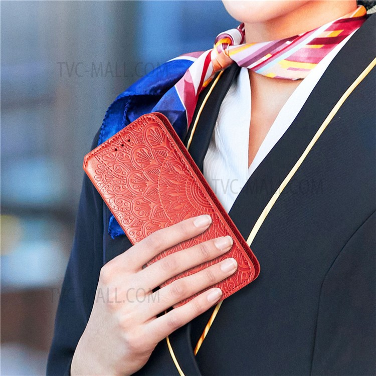 Imprinted Mandala Pattern PU Leather Case Wallet Stand Auto Closing Magnetic Flip Shockproof Cover for Xiaomi Redmi Note 11 / Redmi Note 11T 5G / Poco M4 Pro 5G - Red-9