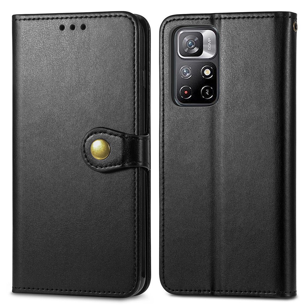 Wallet Function PU Leather Magnetic Round Buckle Stand Flip Cover with Strap for Xiaomi Redmi Note 11 / Redmi Note 11T 5G / Poco M4 Pro 5G - Black-1