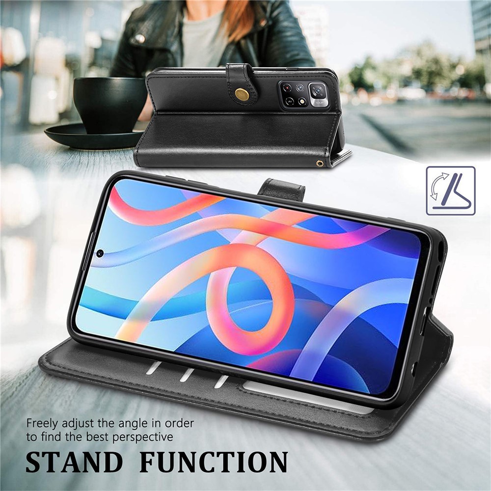 Wallet Function PU Leather Magnetic Round Buckle Stand Flip Cover with Strap for Xiaomi Redmi Note 11 / Redmi Note 11T 5G / Poco M4 Pro 5G - Black-2