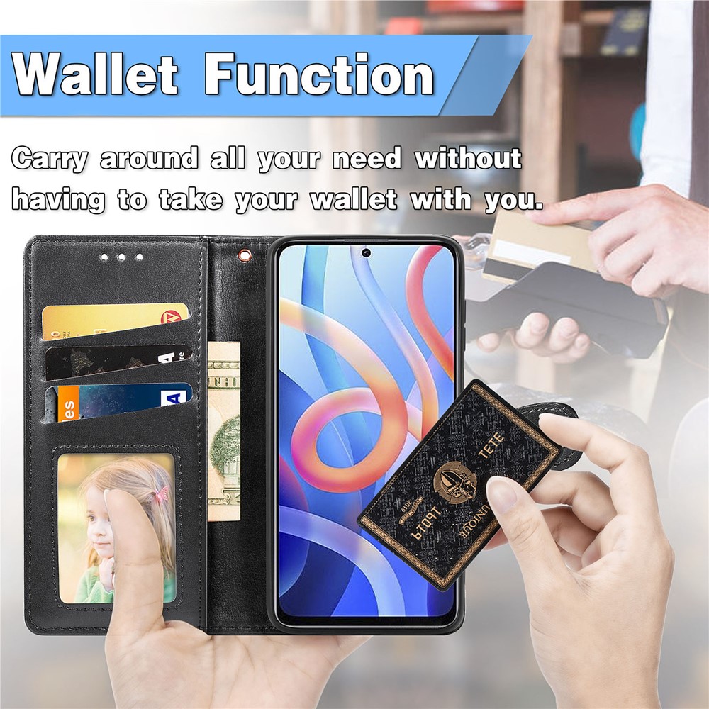 Wallet Function PU Leather Magnetic Round Buckle Stand Flip Cover with Strap for Xiaomi Redmi Note 11 / Redmi Note 11T 5G / Poco M4 Pro 5G - Black-3