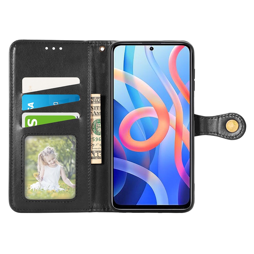 Wallet Function PU Leather Magnetic Round Buckle Stand Flip Cover with Strap for Xiaomi Redmi Note 11 / Redmi Note 11T 5G / Poco M4 Pro 5G - Black-4