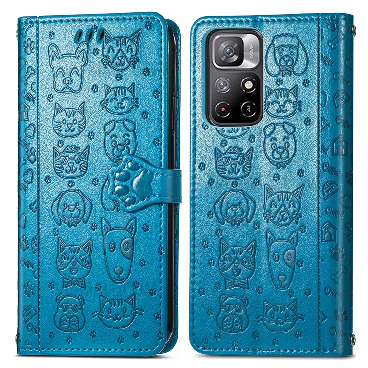 Imprinted Cat Dog Pattern PU Leather Flip Stand Wallet Case Shell with Strap for Xiaomi Redmi Note 11 / Note 11T 5G / Poco M4 Pro 5G - Blue-1