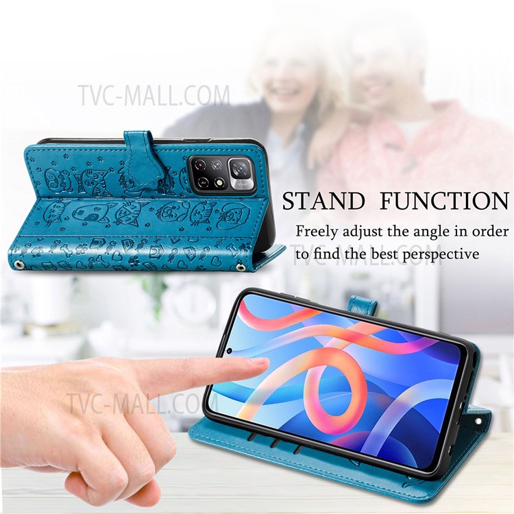 Imprinted Cat Dog Pattern PU Leather Flip Stand Wallet Case Shell with Strap for Xiaomi Redmi Note 11 / Note 11T 5G / Poco M4 Pro 5G - Blue-2
