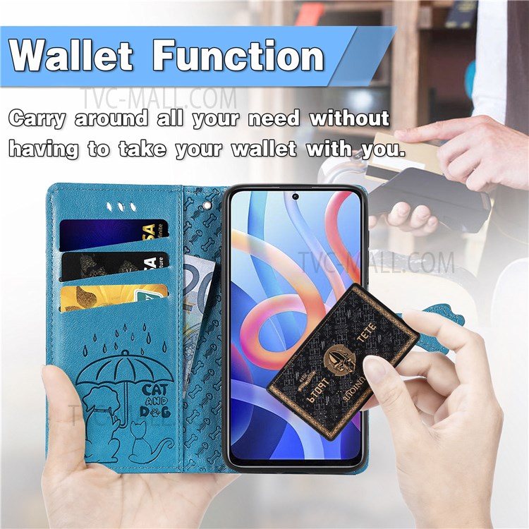 Imprinted Cat Dog Pattern PU Leather Flip Stand Wallet Case Shell with Strap for Xiaomi Redmi Note 11 / Note 11T 5G / Poco M4 Pro 5G - Blue-3