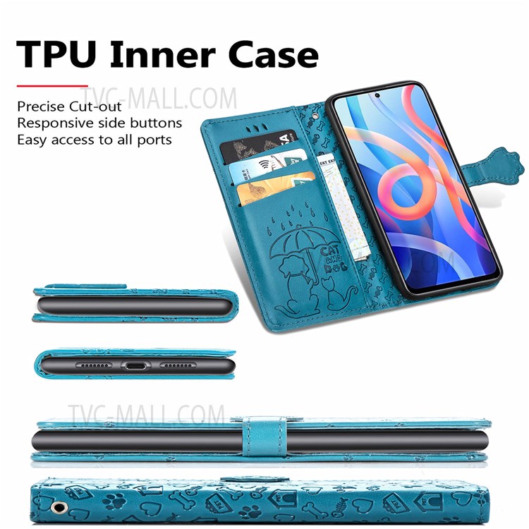 Imprinted Cat Dog Pattern PU Leather Flip Stand Wallet Case Shell with Strap for Xiaomi Redmi Note 11 / Note 11T 5G / Poco M4 Pro 5G - Blue-4