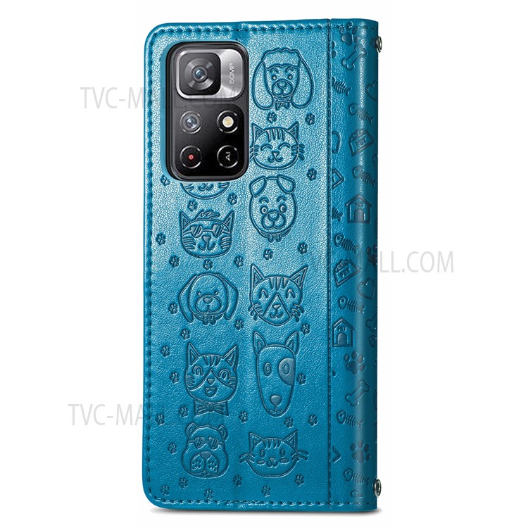 Imprinted Cat Dog Pattern PU Leather Flip Stand Wallet Case Shell with Strap for Xiaomi Redmi Note 11 / Note 11T 5G / Poco M4 Pro 5G - Blue-9