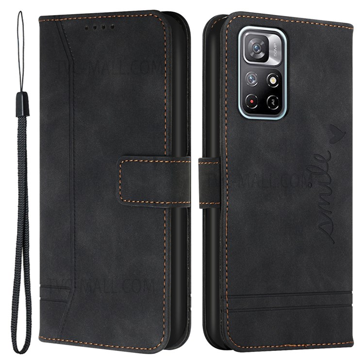003 Series PU Leather Heart Shape Imprinted Magnetic Skin-touch Stand Flip Wallet Phone Case with Strap for Xiaomi Redmi Note 11 / Poco M4 Pro 5G - Black-1