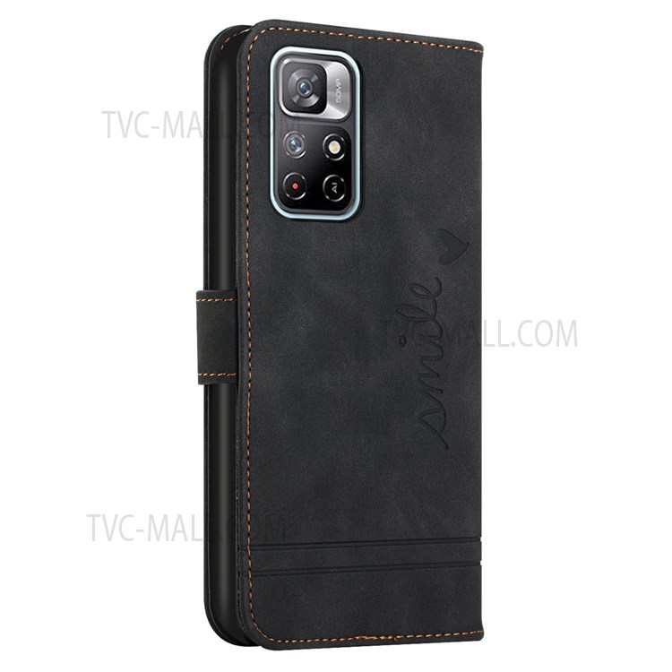 003 Series PU Leather Heart Shape Imprinted Magnetic Skin-touch Stand Flip Wallet Phone Case with Strap for Xiaomi Redmi Note 11 / Poco M4 Pro 5G - Black-3