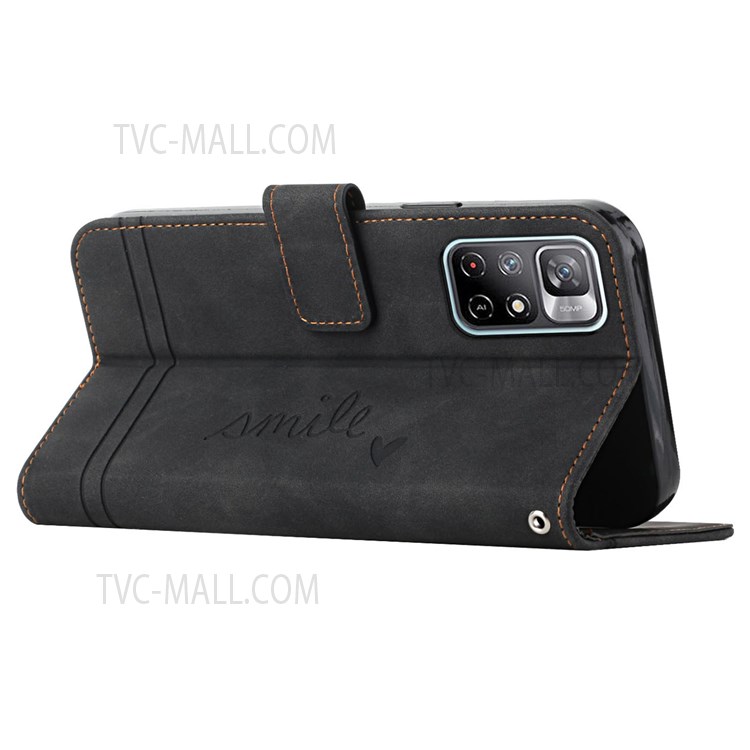 003 Series PU Leather Heart Shape Imprinted Magnetic Skin-touch Stand Flip Wallet Phone Case with Strap for Xiaomi Redmi Note 11 / Poco M4 Pro 5G - Black-5