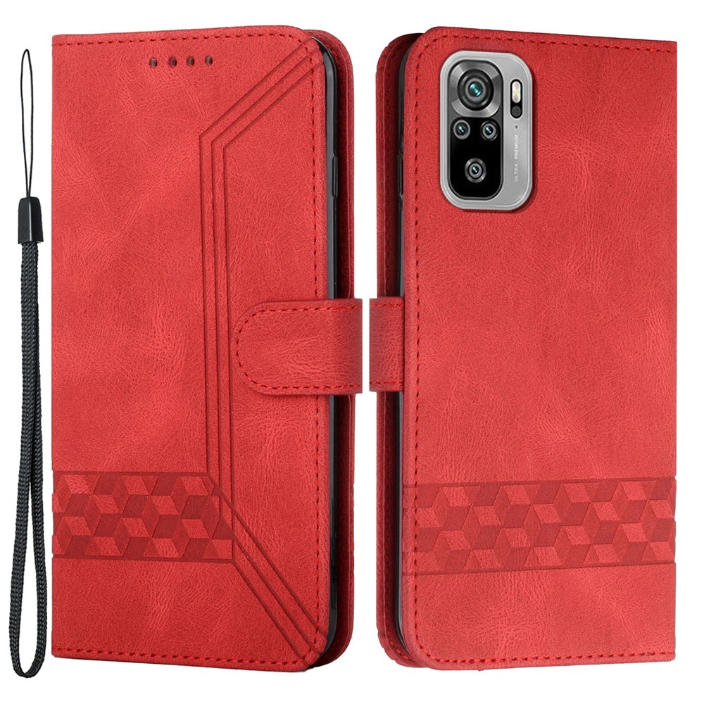 YX0010 Imprinting Rhombus Lines PU Leather Phone Case Drop-proof Wallet Stand Cover with Wrist Strap for Xiaomi Redmi Note 10 4G/Note 10S - Red-1