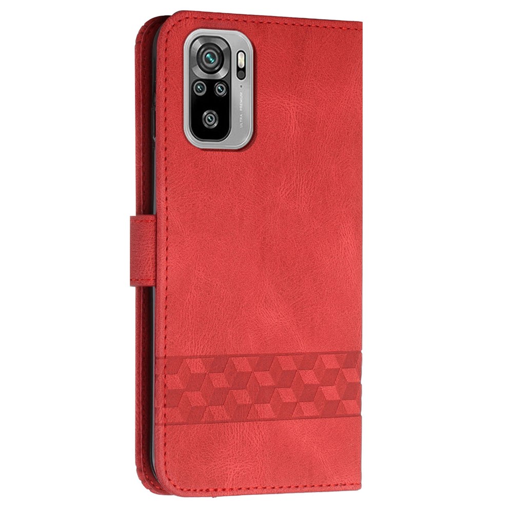 YX0010 Imprinting Rhombus Lines PU Leather Phone Case Drop-proof Wallet Stand Cover with Wrist Strap for Xiaomi Redmi Note 10 4G/Note 10S - Red-3