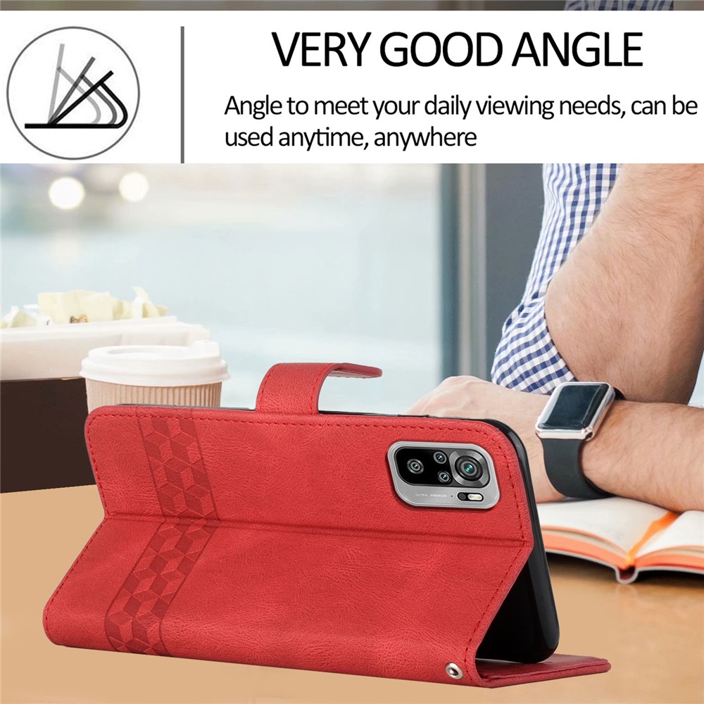 YX0010 Imprinting Rhombus Lines PU Leather Phone Case Drop-proof Wallet Stand Cover with Wrist Strap for Xiaomi Redmi Note 10 4G/Note 10S - Red-5
