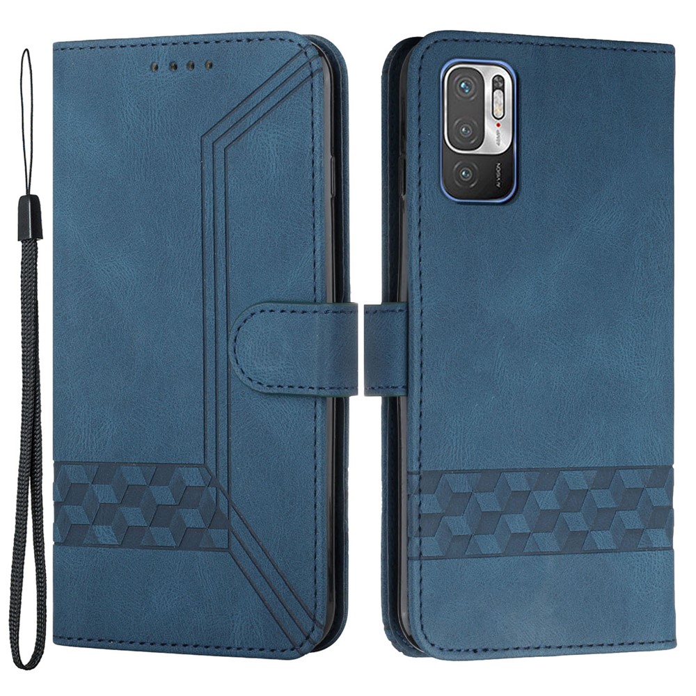 YX0010 Imprinting Rhombus Lines PU Leather Phone Case Wrist Strap Wallet Stand Protective Cover for Xiaomi Redmi Note 10 5G - Sapphire-1