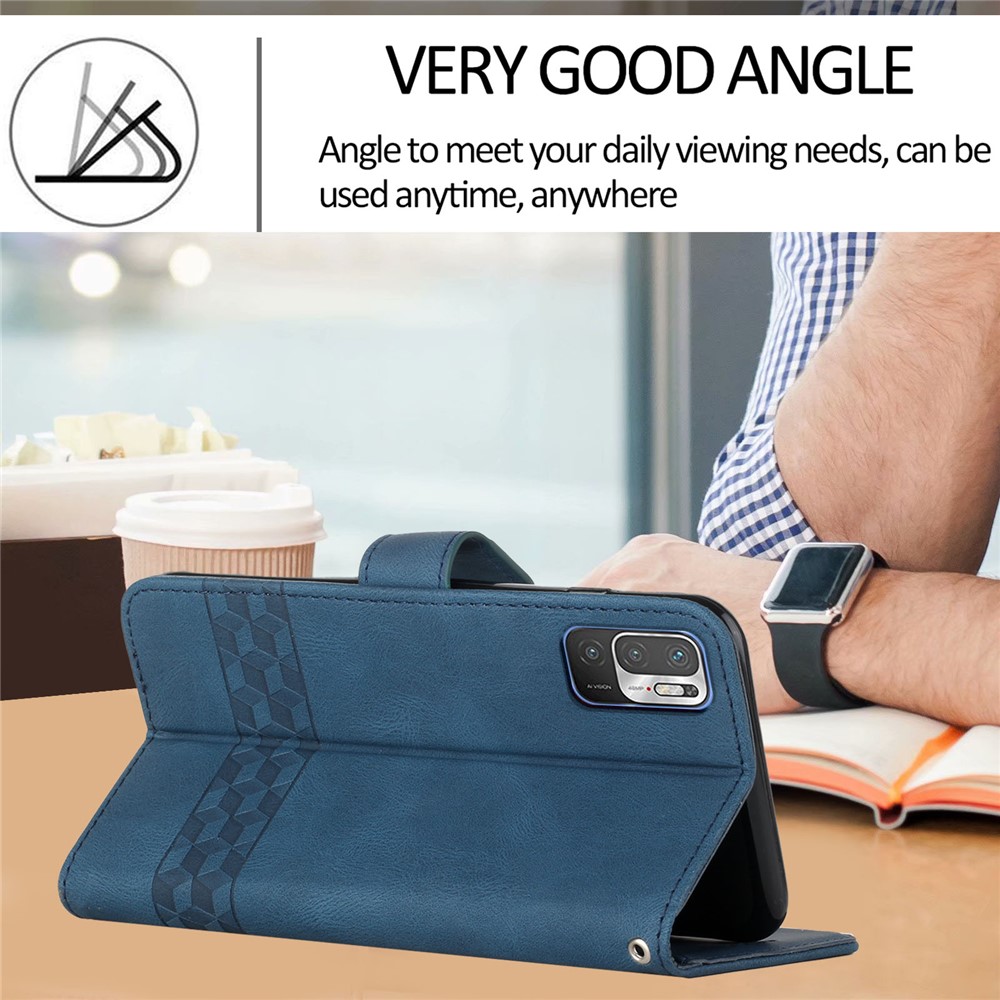 YX0010 Imprinting Rhombus Lines PU Leather Phone Case Wrist Strap Wallet Stand Protective Cover for Xiaomi Redmi Note 10 5G - Sapphire-5