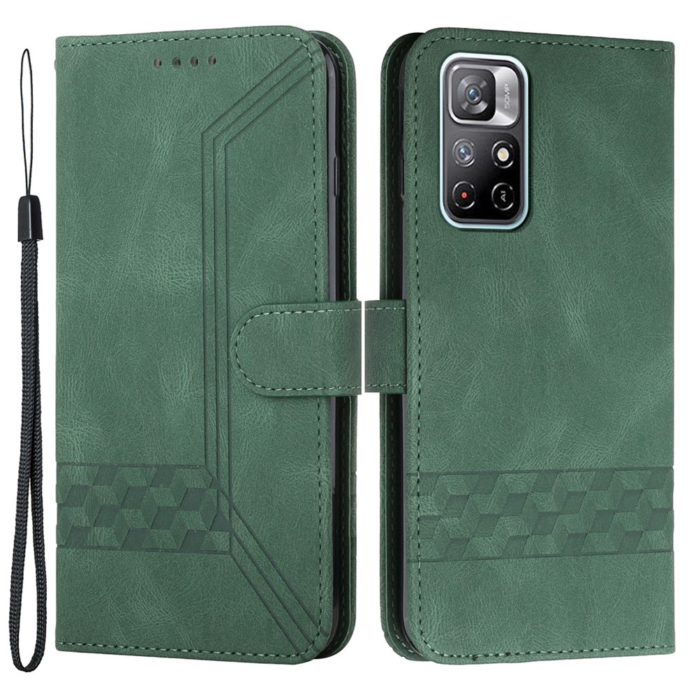 YX0010 Rhombus Lines Imprinted Leather Case Folio Flip Stand Wallet Phone Protective Cover for Xiaomi Redmi Note 11/Poco M4 Pro 5G - Blackish Green-1