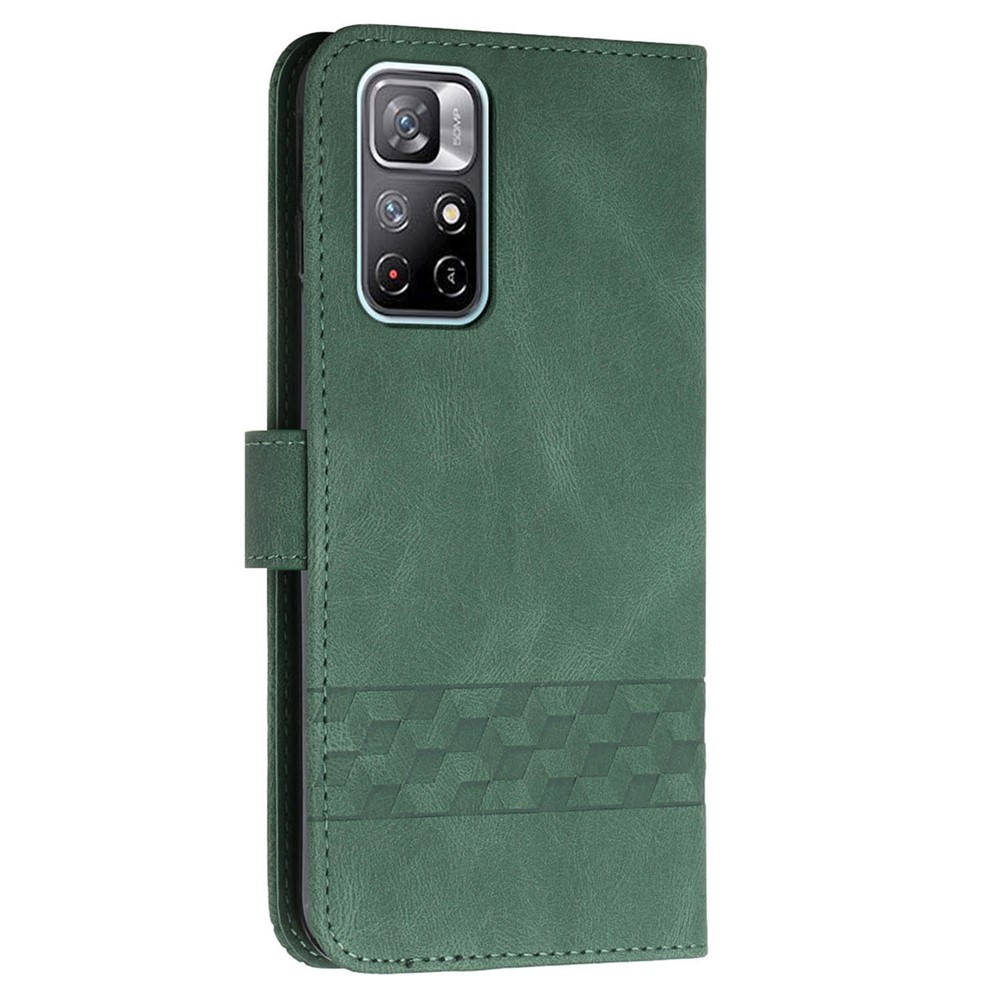 YX0010 Rhombus Lines Imprinted Leather Case Folio Flip Stand Wallet Phone Protective Cover for Xiaomi Redmi Note 11/Poco M4 Pro 5G - Blackish Green-3