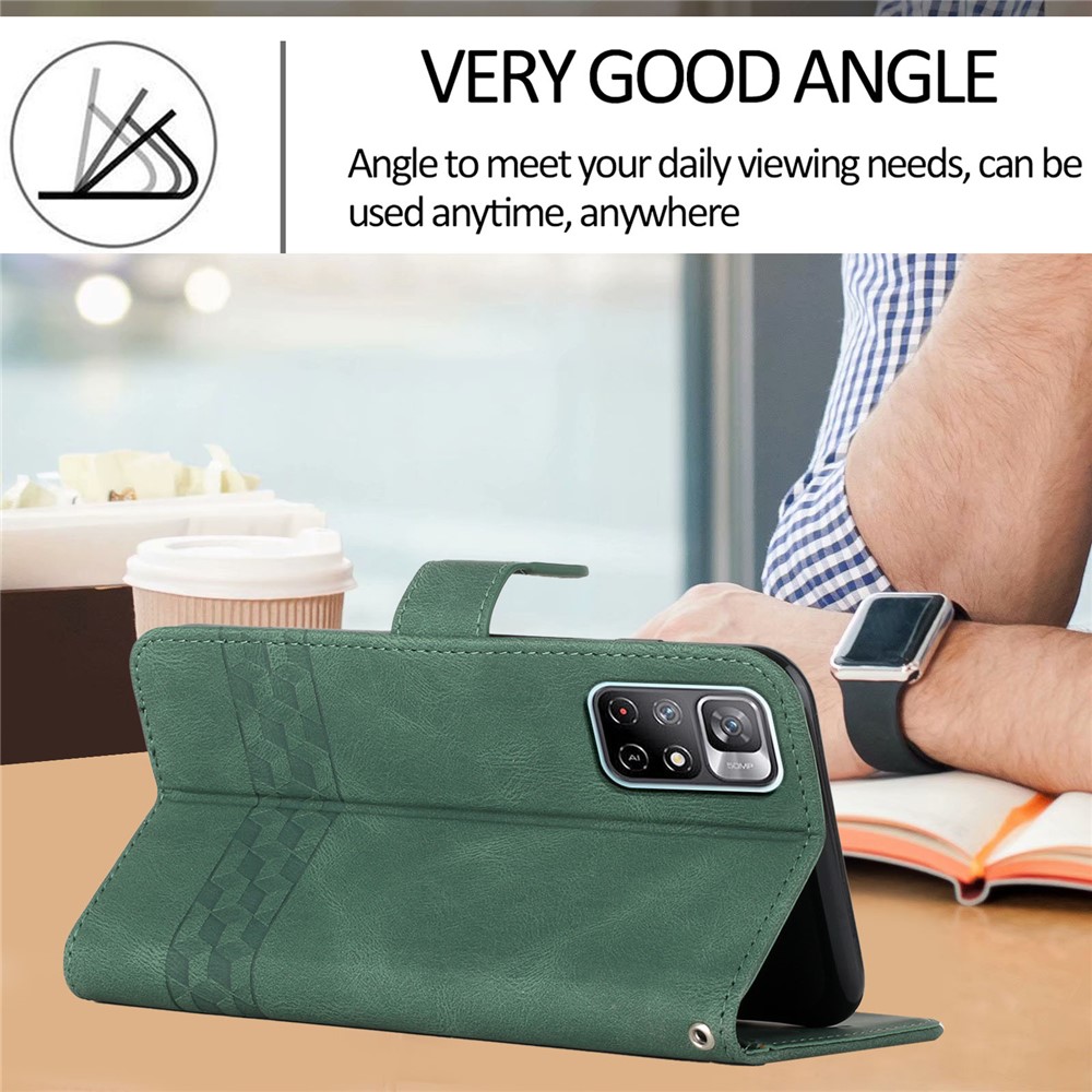 YX0010 Rhombus Lines Imprinted Leather Case Folio Flip Stand Wallet Phone Protective Cover for Xiaomi Redmi Note 11/Poco M4 Pro 5G - Blackish Green-5