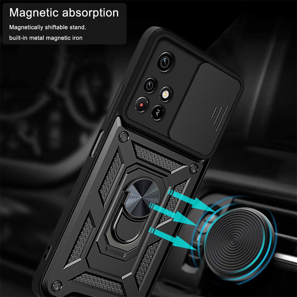 Camera Slide Cover Ring Holder Kickstand Stylish Anti-scratch PC + TPU Phone Cover Case for Xiaomi Redmi Note 11/Poco M4 Pro 5G - Black-3