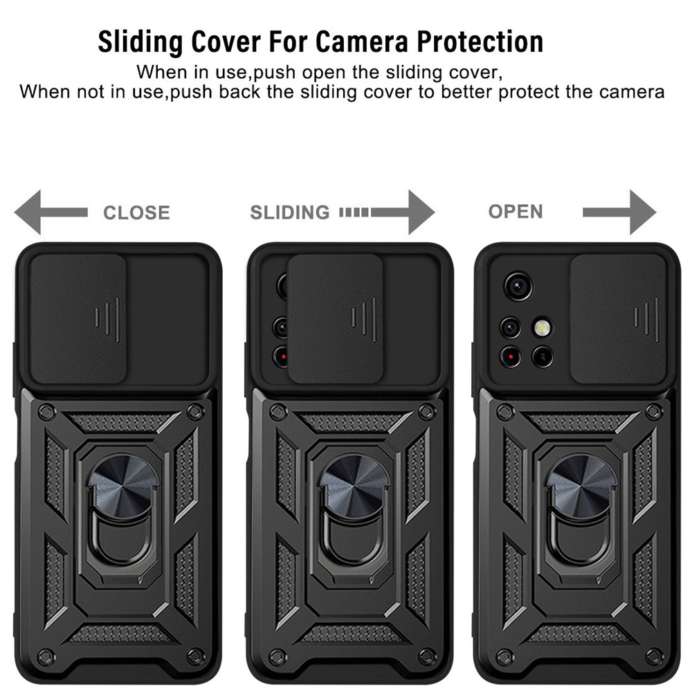 Camera Slide Cover Ring Holder Kickstand Stylish Anti-scratch PC + TPU Phone Cover Case for Xiaomi Redmi Note 11/Poco M4 Pro 5G - Black-5