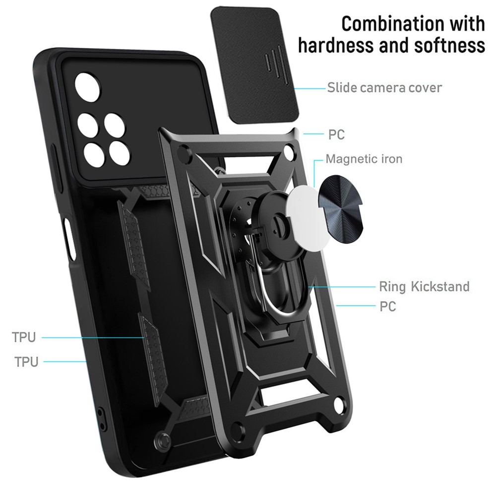 Camera Slide Cover Ring Holder Kickstand Stylish Anti-scratch PC + TPU Phone Cover Case for Xiaomi Redmi Note 11/Poco M4 Pro 5G - Black-8