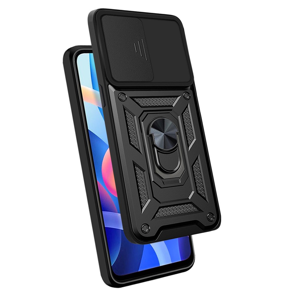 Camera Slide Cover Ring Holder Kickstand Stylish Anti-scratch PC + TPU Phone Cover Case for Xiaomi Redmi Note 11/Poco M4 Pro 5G - Black-9