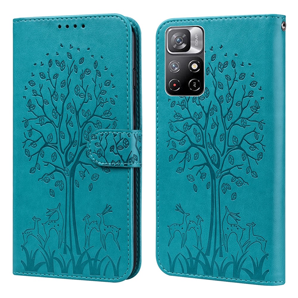 Deer Tree Pattern Imprint PU Leather Drop-proof Phone Case Shell with Wallet Stand for Xiaomi Redmi Note 11/Poco M4 Pro 5G - Blue-1