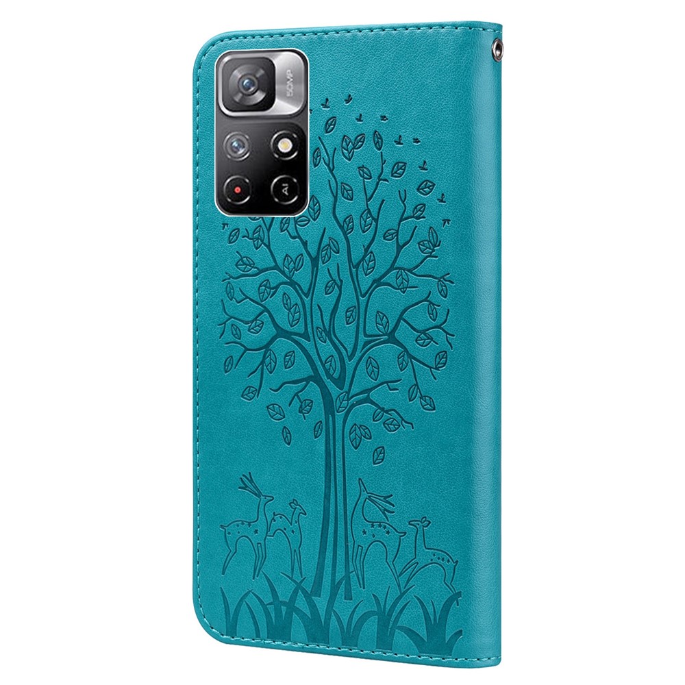 Deer Tree Pattern Imprint PU Leather Drop-proof Phone Case Shell with Wallet Stand for Xiaomi Redmi Note 11/Poco M4 Pro 5G - Blue-3